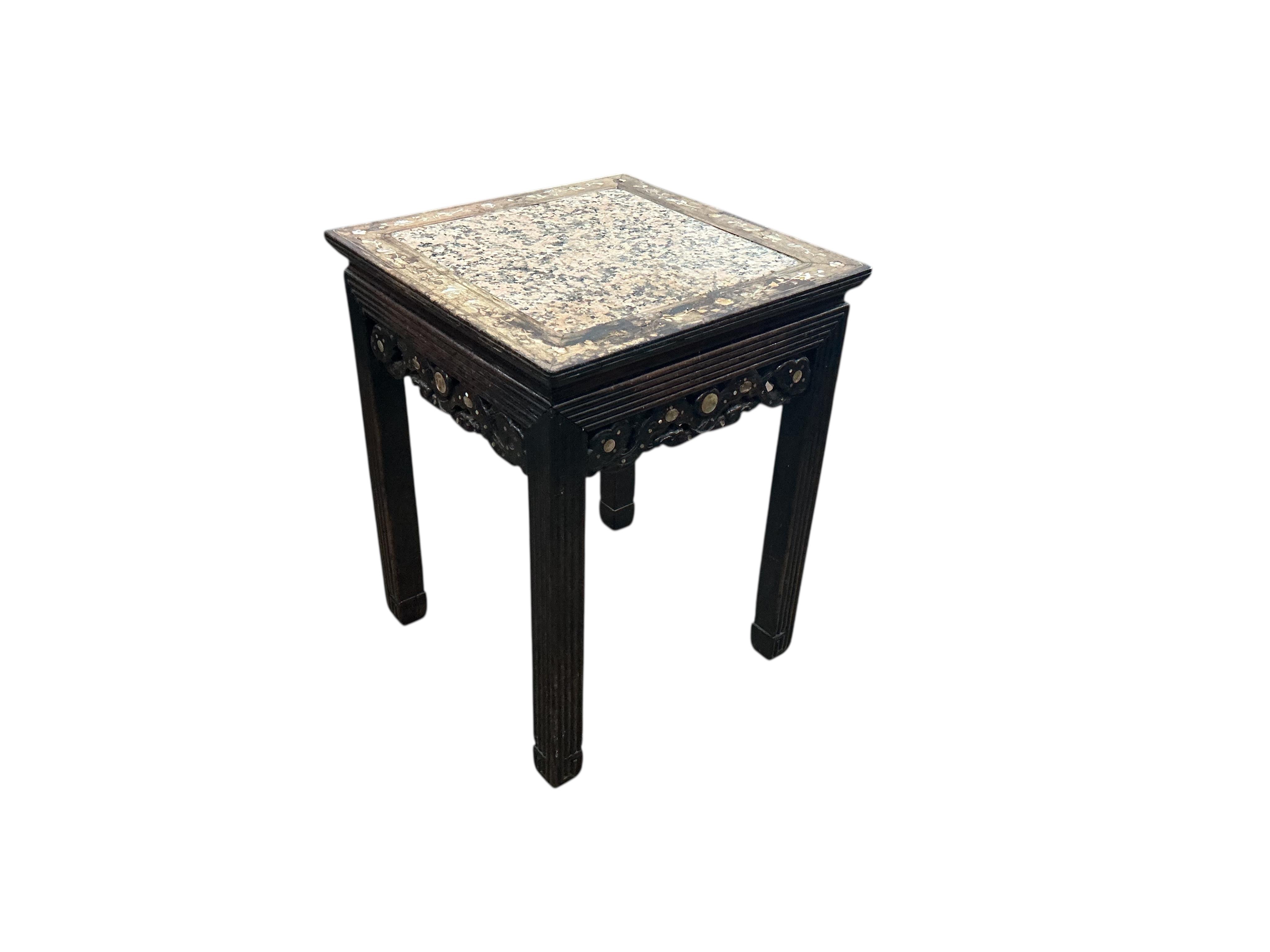 A late 19th century Chinese rosewood and mother of pearl inlaid marble top vase stand, width 41cm, height 52cm